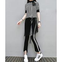 Women\'s Casual/Daily Simple Summer T-shirt Pant Suits, Striped Crew Neck Short Sleeve