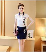 Women\'s Casual/Daily Simple Summer Blouse Skirt Suits, Print Shirt Collar Short Sleeve