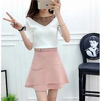 Women\'s Casual/Daily Simple Summer Blouse Skirt Suits, Solid Round Neck Short Sleeve