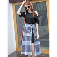 Women\'s Casual/Daily Simple Summer T-shirt Skirt Suits, Plaid Round Neck ½ Length Sleeve