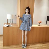 Women\'s Casual/Daily Cute A Line Dress, Striped Round Neck Above Knee Long Sleeve Cotton Spring Mid Rise Micro-elastic Medium