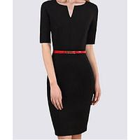 Women\'s Going out Simple Bodycon Sheath Dress, Solid Round Neck Knee-length ½ Length Sleeve Cotton Summer Fall Mid Rise Inelastic Medium