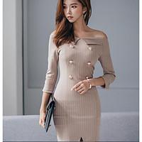 Women\'s Going out Party Bodycon Dress, Solid Boat Neck Knee-length Long Sleeve Cotton Spring Summer Mid Rise Micro-elastic Medium