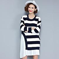 Women\'s Going out Party Black and White Dress, Striped Round Neck Midi Long Sleeve Others Spring Summer Mid Rise Micro-elastic Medium