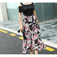 Women\'s High Rise Midi Skirts A Line Floral