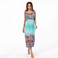 Women\'s Plus Size Boho Chiffon Swing Dress, Print V Neck Maxi Sleeveless Polyester Summer High Rise Micro-elastic Medium