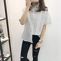 Women\'s Going out Work Holiday Simple Summer Shirt, Solid Striped Floral Shirt Collar Short Sleeve Cotton Medium