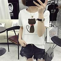 Women\'s Casual/Daily Holiday Cute Summer T-shirt, Solid Animal Print Round Neck Short Sleeve Cotton Medium