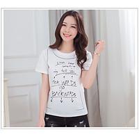 Women\'s Casual/Daily Holiday Simple Cute Summer T-shirt, Solid Letter Round Neck Short Sleeve Cotton Medium