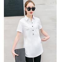 Women\'s Going out Work Simple Summer Shirt, Solid Shirt Collar Short Sleeve Cotton Medium