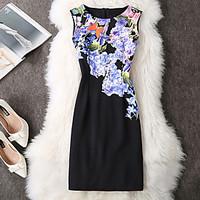 Women\'s Going out Casual/Daily Shift Dress, Floral Round Neck Knee-length Sleeveless Polyester Spring Summer Mid Rise Micro-elastic Medium