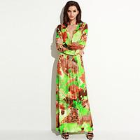 womens holiday plus size boho swing dress print deep v maxi long sleev ...