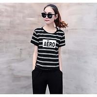 Women\'s Casual/Daily Sports Simple T-shirt Pant Suits, Striped Letter Round Neck