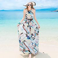 Women\'s Beach Simple Swing Dress, Geometric Halter Maxi Sleeveless Nylon Summer Mid Rise Micro-elastic Medium