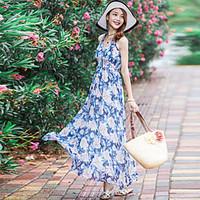 womens beach simple chiffon dress floral halter maxi sleeveless polyes ...