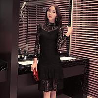 womens casualdaily simple lace dress solid stand knee length long slee ...