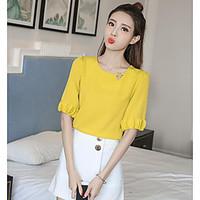 womens going out vintage blouse solid round neck length sleeve cotton