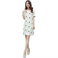 Women\'s Going out Shift Dress, Print Round Neck Knee-length Short Sleeve Others Summer Mid Rise Micro-elastic Thin