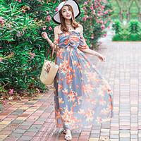 womens beach simple swing dress floral strapless maxi sleeveless polye ...