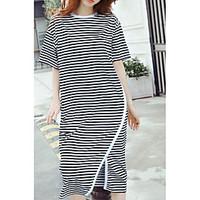 Women\'s Casual/Daily Loose T Shirt Dress, Striped Color Block Round Neck Midi Short Sleeve Others Summer Mid Rise Micro-elastic Medium