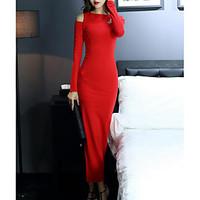 Women\'s Party Bodycon Dress, Solid Crew Neck Maxi Long Sleeve Others Spring Summer Mid Rise Micro-elastic Medium