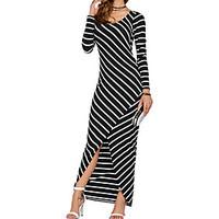 Women\'s Going out Casual/Daily Sexy Vintage Simple Sheath Dress, Striped Round Neck Maxi Long Sleeve Cotton Spring Summer Mid Rise