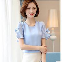Women\'s Going out Casual/Daily Party Sexy Vintage Cute Spring Summer Blouse, Solid Round Neck Short Sleeve Polyester Translucent