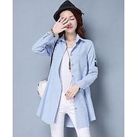 Women\'s Casual/Daily Simple Spring Trench Coat, Striped Shirt Collar Long Sleeve Long Polyester