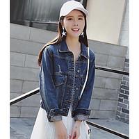 Women\'s Casual/Daily Simple Spring Denim Jacket, Solid Shirt Collar Long Sleeve Short Linen