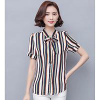 Women\'s Casual/Daily Sexy Blouse, Striped Shirt Collar Short Sleeve Cotton