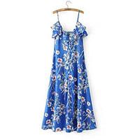 Women\'s Casual/Daily Swing Dress, Print Round Neck Midi Slings Cotton Blend Chiffon Summer Mid Rise Inelastic Thin