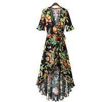 Women\'s Other Swing Dress, Floral V Neck Asymmetrical ½ Length Sleeve Polyester Summer Mid Rise Inelastic Thin