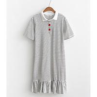 Women\'s Daily Loose Dress, Striped Shirt Collar Knee-length Short Sleeve Cotton Summer Mid Rise Micro-elastic Thin