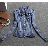 womens casualdaily simple spring fall denim jacket solid shirt collar  ...