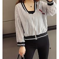 Women\'s Casual/Daily Simple Summer Jacket, Striped V Neck Long Sleeve Short Polyester