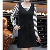 Women\'s Casual/Daily Simple Summer T-shirt Skirt Suits, Striped Round Neck Long Sleeve Micro-elastic