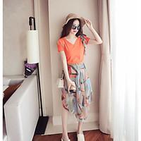 womens casualdaily simple summer t shirt skirt suits print v neck shor ...