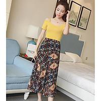 Women\'s Casual/Daily Simple Summer T-shirt Skirt Suits, Print Boat Neck Short Sleeve Micro-elastic