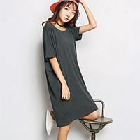 Women\'s Casual/Daily Simple Loose Dress, Solid Round Neck Knee-length Short Sleeve Modal Summer Mid Rise Micro-elastic Medium