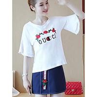 Women\'s Casual/Daily Simple Summer T-shirt Skirt Suits, Print V Neck Short Sleeve Micro-elastic