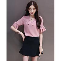 Women\'s Going out Cute Summer Blouse Skirt Suits, Solid V Neck ½ Length Sleeve Ruffle Micro-elastic