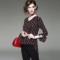 Women\'s Going out Casual/Daily Vintage Chinoiserie Blouse, Solid Striped V Neck Long Sleeve Polyester