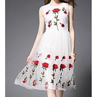 Women\'s Casual/Daily Sheath Dress, Embroidered Strap Knee-length Sleeveless Silk Cotton Spring Summer Mid Rise Micro-elastic Medium