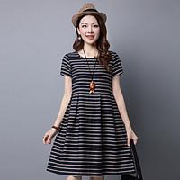 Women\'s Casual/Daily Loose Dress, Striped Round Neck Knee-length Short Sleeve Cotton Summer Mid Rise Inelastic Medium