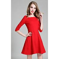 womens going out a line skater dress solid boat neck above knee sleeve ...
