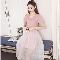 womens casualdaily simple lace dress solid round neck midi short sleev ...