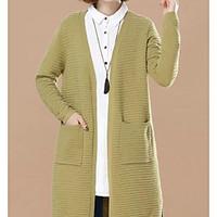 Women\'s Going out Casual/Daily Simple Long Cardigan, Solid V Neck Long Sleeve Rabbit Fur Polyester Spring Fall Medium Micro-elastic