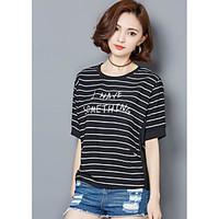 Women\'s Casual/Daily Vintage T-shirt, Striped Round Neck Short Sleeve Cotton