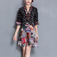 Women\'s Going out Vintage Sophisticated Loose Dress, Print V Neck Above Knee Half-Sleeve Rayon Polyester All Seasons High Rise Inelastic