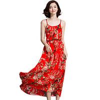 Women\'s Going out Simple Sophisticated Swing Dress, Print Strap Maxi Sleeveless Rayon Polyester All Seasons High Rise Inelastic Medium